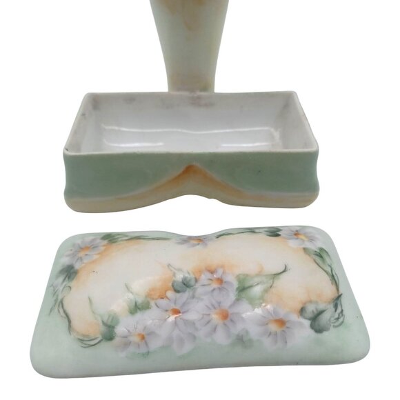 Rare Bavarian Porcelain Hat Pin Holder With Attached Trinket Dish Green & Yellow - Picture 4 of 14
